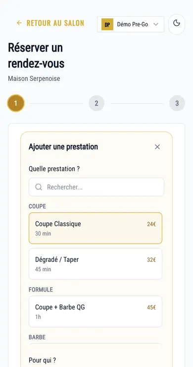 La réservation vue du téléphone d'un client : choix de la prestation, durée et prix affichés.